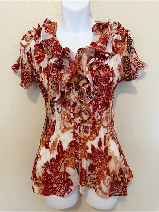 East 5th Tops - East 5th Rust and White Floral Ruffle Short Sleeve Blouse